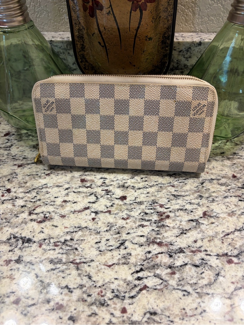 Zip-Around Checkerboard Wallet in Cream and Light Brown